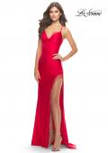Picture of: Fringe Beaded Slit Jersey Gown with Lace Up Back in Red, Style: 31326, Detail Picture 13