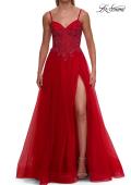 Picture of: Lace Corset Tulle Gown with High Slit and A-Line Skirt in Red, Style: 33436, Detail Picture 13