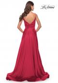 Picture of: Long Satin Dress with Side Slit and V Shaped Back in Red, Style: 28607, Style: 28607