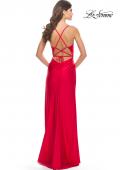 Picture of: Fringe Beaded Slit Jersey Gown with Lace Up Back in Red, Style: 31326, Detail Picture 14