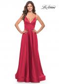 Picture of: Long Satin Dress with Side Slit and V Shaped Back in Red, Style: 28607, Style: 28607