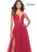 Picture of: A Line Tulle Gown with Lace Bodice and V Back in Red, Style: 31507, Detail Picture 15