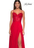 Picture of: Chiffon and Lace Gown with Bustier Top in Red, Style: 32276, Detail Picture 16
