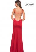 Picture of: Sultry Form Fitting Stretch Satin Dress with Leg Slit in Red, Style: 27617, Back Picture