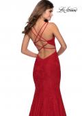 Picture of: Lace Prom Dress with Rhinestones and Strappy Back in Red, Style: 28140, Back Picture