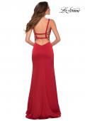 Picture of: Long Satin Prom Dress with Square Neckline in Red, Style 29349, Back Picture