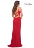 Picture of: Net Jersey Long Ruched Gown with Slit and Open Back in Red, Back Picture