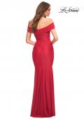 Picture of: Ruched Off the Shoulder Gown with V Neckline in Red, Back Picture