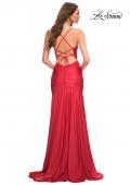 Picture of: Long Jersey Ruched Gown with Dramatic Skirt in Red, Back Picture