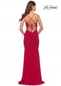 Picture of: Net Jersey Gown with Jeweled Detail in Deep V Neckline in Red, Style: 31114, Back Picture