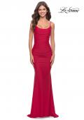 Picture of: Intricate Lace Up Back Jersey Gown with Ruching in Red, Style: 31330, Back Picture