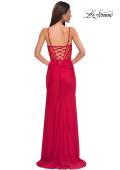 Picture of: Jersey Prom Dress with Unique Ruched Waist and Lace Up Back in Red , Style 32977, Back Picture