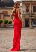 Picture of: Strapless Net Jersey Gown with Corset Bodice and High Slit in Red, Style: 33445, Back Picture