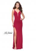 Picture of: Long Jersey Prom Dress with Lace Up Strappy Open Back in Red, Style: 25504, Detail Picture 1