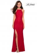 Picture of: Stretch Lace Prom Gown with Rhinestones and Slit in Red, Style: 27046, Detail Picture 1