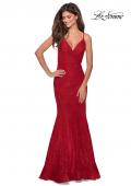 Picture of: Mermaid Lace Prom Dress with Faux Wrap Top in Red, Style: 28564, Detail Picture 1