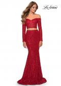 Picture of: Lace Sleeve Lace and Sequin Two Piece Prom Dress in Red, Style: 28666, Detail Picture 1