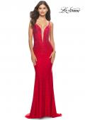 Picture of: Bedazzled Rhinestone Jersey Gown with Deep V Neckline in Red, Style: 31215, Detail Picture 1