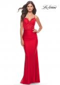 Picture of: Sheer Lace Bodice with Scallop Edge Jersey Long Dress in Red, Style: 31272, Detail Picture 1
