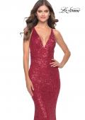 Picture of: Sequin Stretch Long Prom Dress with Banded Waist in Red, Style: 31409, Detail Picture 1