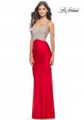 Picture of: Ruched Gown with Rhinestone Bodice and Side Cut Outs in Red, Style: 31606, Detail Picture 1