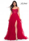 Picture of: Tulle A-Line Dress with Ruffle Skirt and Buster Rhinestone Fishnet Bodice in Red, Style: 32233, Detail Picture 1