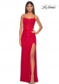 Picture of: Stretch Lace Gown with Boning Detail and Lace Up Back in Red, Style: 32237, Detail Picture 1