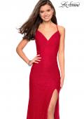 Picture of: Form Fitting Lace Dress with V Neckline and Slit in Red, Style: 27614, Detail Picture 2