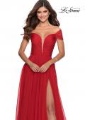 Picture of: Off the Shoulder Chiffon Gown with Plunging Neckline in Red, Style: 28546, Detail Picture 2