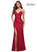 Picture of: Sleek Lace Long Dress with Sheer Sides and Open Back in Red, Style 29694, Detail Picture 2