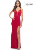 Picture of: Fitted Matte Jersey Gown with Unique Deep V Neckline in Red, Style: 31370, Detail Picture 2