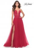 Picture of: A Line Tulle Gown with Lace Bodice and V Back in Red, Style: 31507, Detail Picture 2