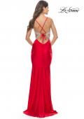 Picture of: Ruched Gown with Rhinestone Bodice and Side Cut Outs in Red, Style: 31606, Detail Picture 2