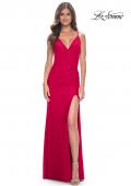 Picture of: Simple Jersey Gown with Deep V Neckline and Ruching in Red, Style: 32115, Detail Picture 2