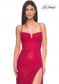 Picture of: Fishnet Rhinestone Prom Dress with Bustier Top and High Slit in Red, Style: 32210, Detail Picture 2