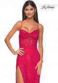 Picture of: Fishnet Rhinestone Fitted Dress with Bustier Top and High Neckline in Red, Style: 32446, Detail Picture 2