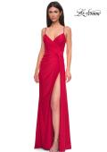 Picture of: Jersey Prom Dress with Unique Ruched Waist and Lace Up Back in Red , Style 32977, Detail Picture 2