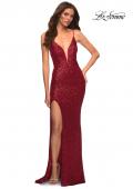 Picture of: Sequin Gown with Deep V Neckline and Lace Up Back in Red, Style: 30388, Detail Picture 3