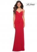 Picture of: Net Jersey Long Ruched Gown with Slit and Open Back in Red, Detail Picture 3