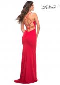 Picture of: Ruched Net Jersey Gown with Square Neckline in Red, Style: 30493, Detail Picture 3