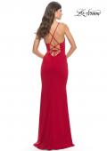 Picture of: Fitted Matte Jersey Gown with Unique Deep V Neckline in Red, Style: 31370, Detail Picture 3