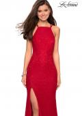 Picture of: Stretch Lace Prom Gown with Rhinestones and Slit in Red, Style: 27046, Detail Picture 4