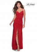 Picture of: Fully Ruched Jersey Prom Dress with Center Slit in Red, Style: 28416, Detail Picture 4