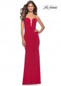 Picture of: Net Jersey Gown with Jeweled Detail in Deep V Neckline in Red, Style: 31114, Detail Picture 4