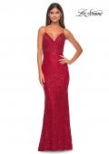 Picture of: Beaded Lace Long Dress with Illusion Bodice in Red, Style: 31359, Detail Picture 4