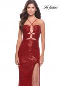 Picture of: Stretch Sequin Dress with Unique Front Cut Outs in Red, Style: 31549, Detail Picture 4