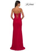 Picture of: Simple Net Prom Dress with High Slit and Flattering Ruching in Red, Style: 33018, Detail Picture 4