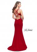 Picture of: Long Jersey Mermaid Dress with Deep V and Strappy Back in Red, Style: 25594, Detail Picture 5