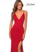 Picture of: Jersey Prom Gown with Lace Up Back and Slit in Red, Style: 28653, Detail Picture 5