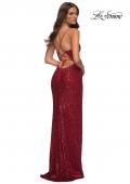 Picture of: Sequin Gown with Deep V Neckline and Lace Up Back in Red, Detail Picture 5